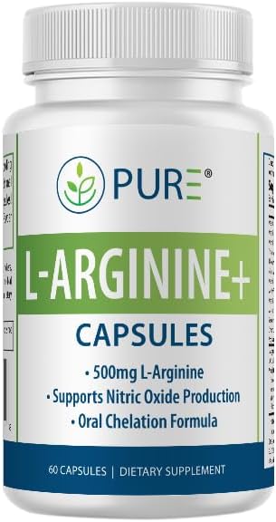 PURE L-Arginine+ Capsules, Premium, L-Arginine, L-Citrulline, CoQ10, Vitamins, 60 Capsules, 30 Servings, Supports Healthy Lifestyles Nitric Oxide, Cardio