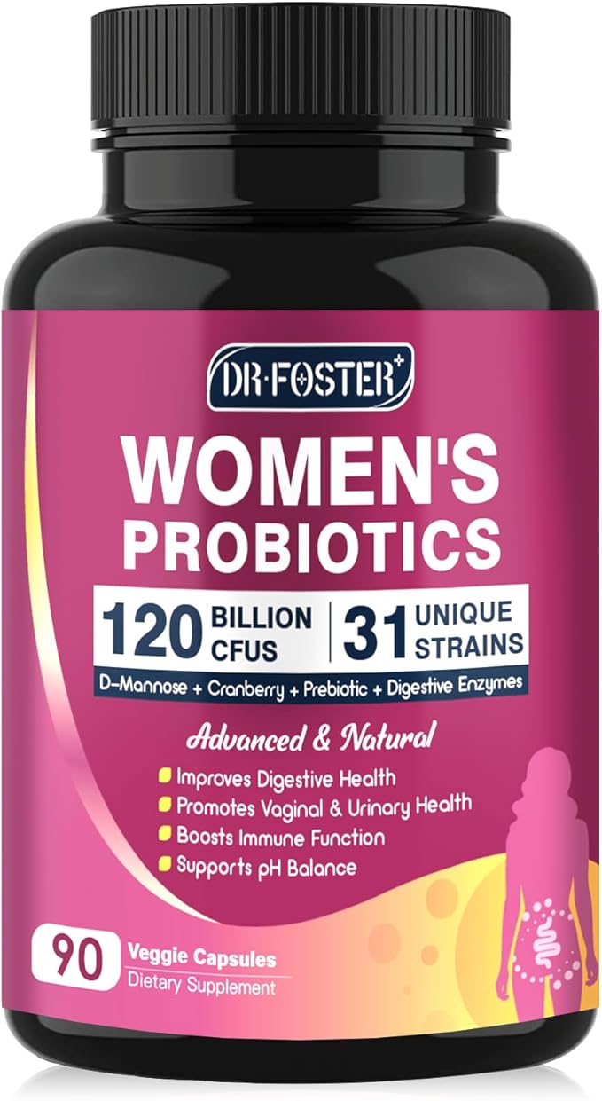 Probiotics for Women Digestive Health, Vaginal probiotics 120 Billion CFU 31 Strains with Digestive Enzymes & Prebiotics & D Mannose & Cranberry for Urinary Tract, 90 Capsules