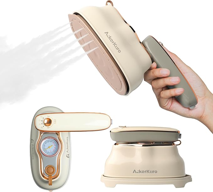 Travel Steamer for Clothes,1200W Portable Handheld Mini Garment Steamers,Steamer & Iron 2 In 1,Large Ceramic Heat Panel,200ml Water Tank,20s Heat Up,Beige,110V-120V