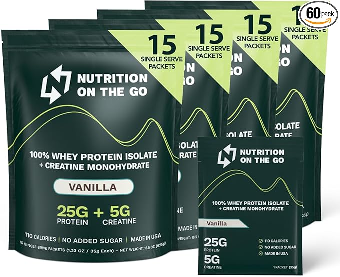 Travel Whey Protein Isolate Packets – Single-Serve Protein Powder – 25g Protein + 5g Creatine – Vanilla (60-Pack)