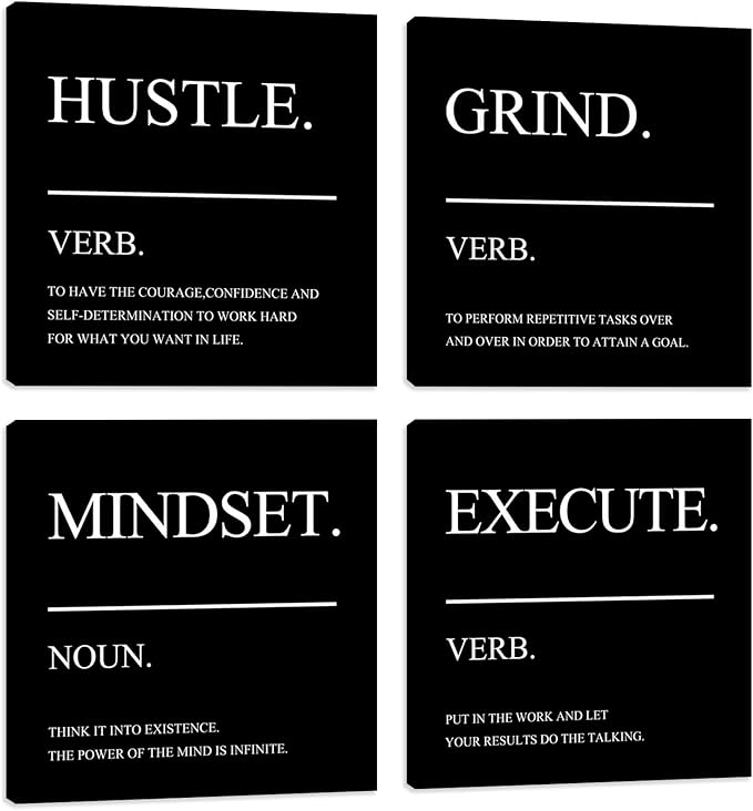 Inspirational Canvas Wall Art Quotes Motivational Hustle Wall Decor Office Print Pictures for Men Wall Decor Poster Framed Artwork Home Decor Ready to Hang 20"x20"x4pcs