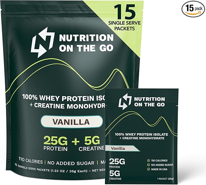 Travel Whey Protein Isolate Packets – Single-Serve Protein Powder – 25g Protein + 5g Creatine – Vanilla (15-Pack)