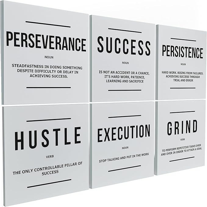 6X Motivational canvas, wall art for bedroom and office, inspirational black and white canvas poster, motivational poster set, decor bundle for home, wall pictures for living room (6x - 30 X 30 in)