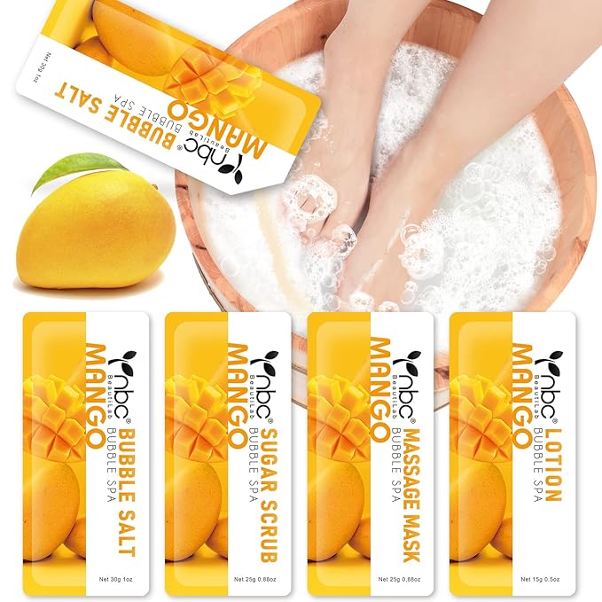 Pedicure Kit Foot Soak Set: Bubble Salt, Sugar Scrub, Massage Mask, Massage Lotion in a Box, 4 Step Foot Spa Kit for Dry Feet,Tired Feet (1 Set Mango)