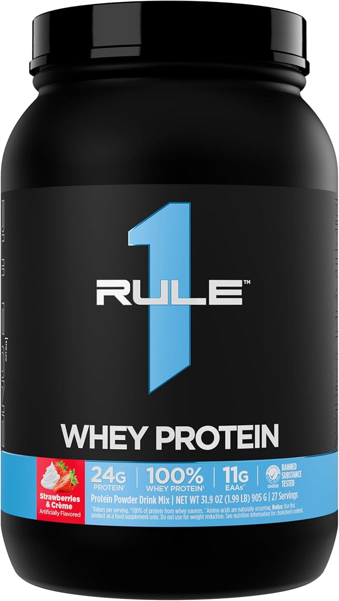 Rule 1 Whey Protein – 24g Fast-Acting Protein from All-Whey Sources with Naturally Occurring EAAs & BCAAs for Workout Recovery or Anytime Use (2 Pounds*, Strawberries & Creme)