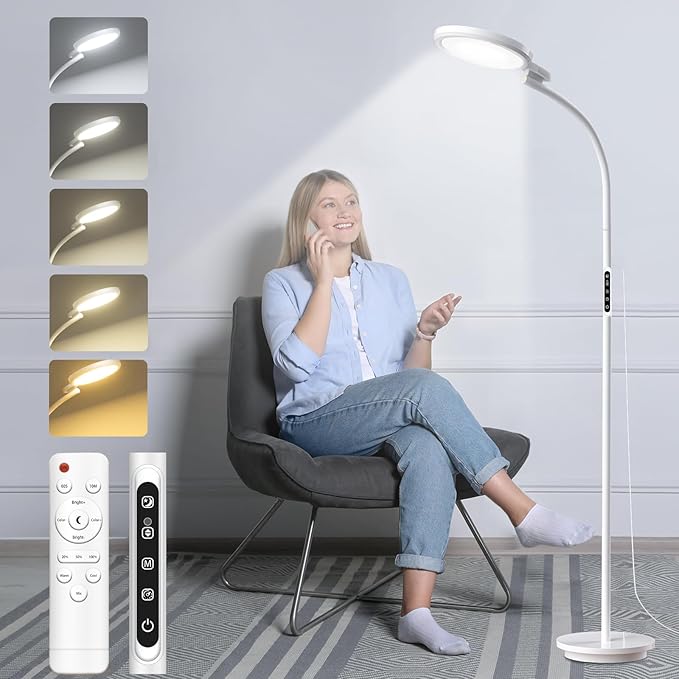Light Therapy Lamp 10000 Lux, LED UV-Free Sunlight Lamp, Full Spectrum Floor Happy Therapy Lamp with Remote for Home/Office/Reading/Relaxation (WhiteA)