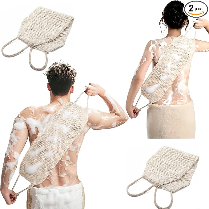 Natural Sisal & Ramie Back Scrubber for Shower with Handle(2pcs) - Deep Cleanse Back Scrubber, Scrub Spa Tool for Glowing Skin & Whole Body Care (2pcs)