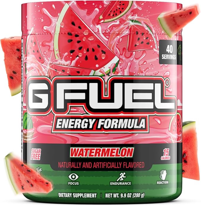 G fuel Watermelon Energy Drink Powder, Pre Workout Caffeine Mix for Gaming, Sugar Free Focus Amino, Vitamin + Antioxidants, 9.9oz (Watermelon, 40 Servings)