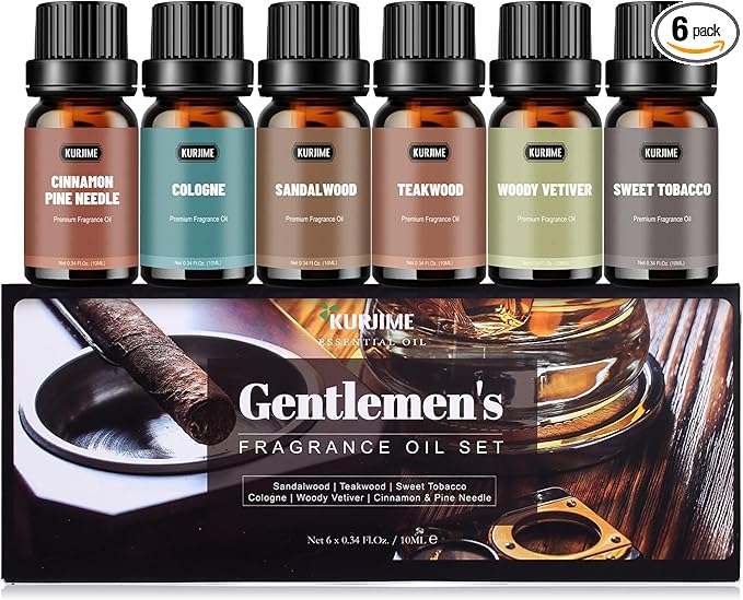 Essential Oils Set, Men Scents Fragrance Oil Essential Oils for Diffuser - Sandalwood, Teakwood, Sweet Tobacco, Cinnamon & Pine Needle, Woody Vetiver, Cologne Aromatherapy Oils for Men, 6x10ml