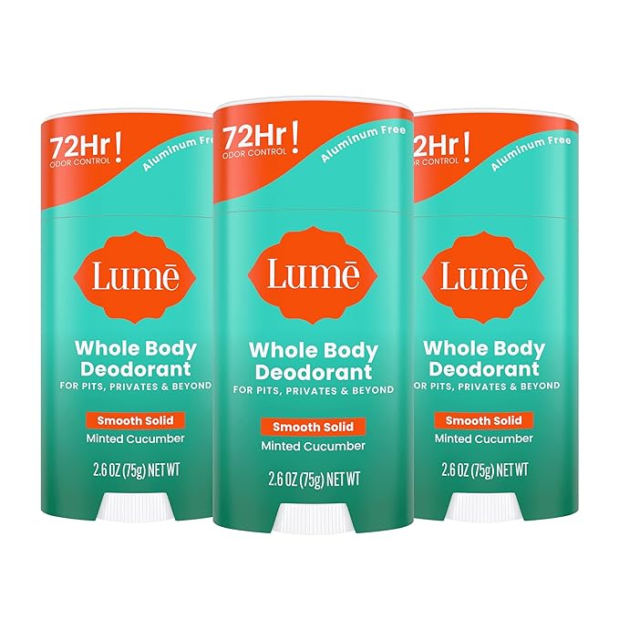 Lume Whole Body Deodorant - Smooth Solid Stick - 72 Hour Odor Control - Aluminum Free, Baking Soda Free and Skin Loving - 2.6 Ounce (Pack of 3) (Minted Cucumber)