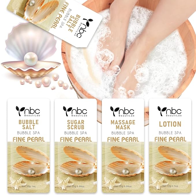 Pedicure Kit Foot Soak Set: Bubble Salt, Sugar Scrub, Massage Mask, Massage Lotion in a Box, 4 Step Foot Spa Kit for Dry Feet,Tired Feet(1 Set Pearl )