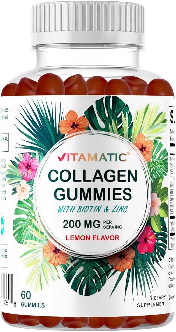 Vitamatic Hydrolyzed Collagen Gummies with Vitamin C, Zinc and Biotin, 200 mg - Healthy Skin Support - 60 Gummies