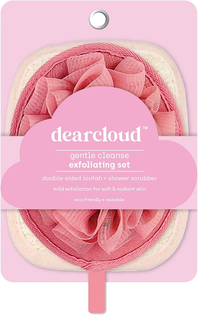 dearcloud Gentle Cleanse Exfoliating Set – Double-Sided Loofah & Shower Scrubber – Reusable Exfoliating Body Scrubber & Body Scrubber Exfoliator (Pink)