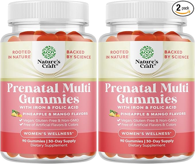 Vegan Prenatal Gummies for Women - Prenatal Vitamins for Women with Iron Folic Acid and Superfruit Blend - Chewable (Pineapple Mango) - 2 Months