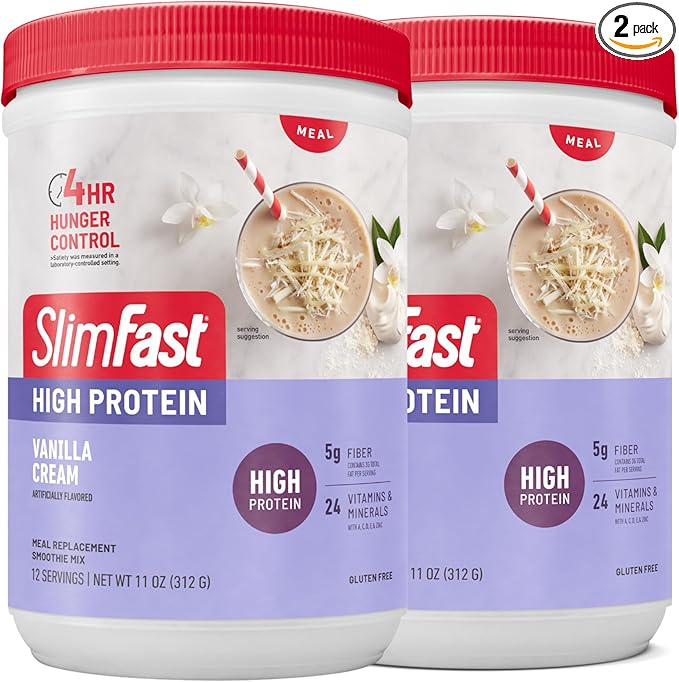 SlimFast Advanced Nutrition High Protein Meal Replacement Smoothie Mix, Vanilla Cream, Weight Loss Powder, 20g of Protein, 12 Servings (Pack of 2) (Packaging May Vary)