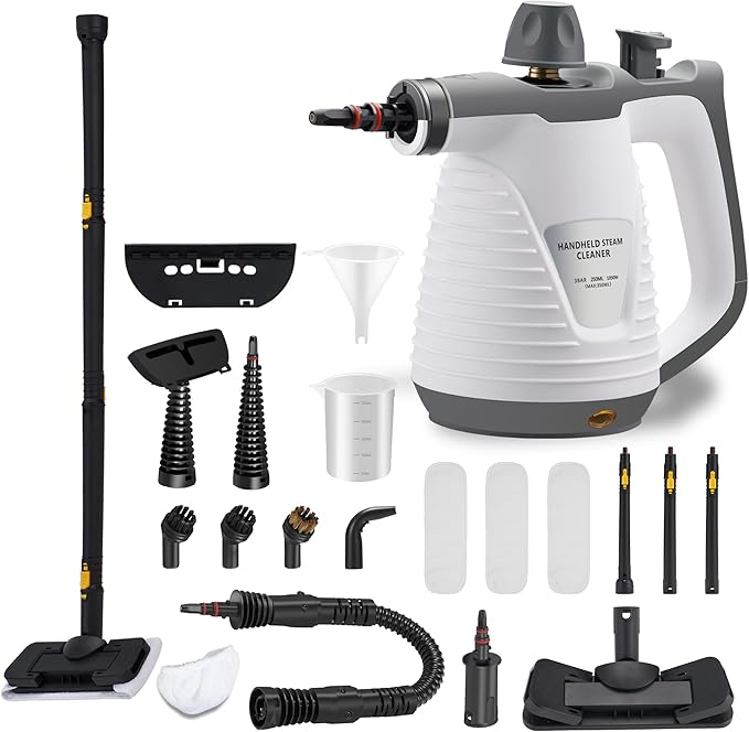 Handheld Steam Cleaner, Portable Steamer with Mop, 350ml Large Capacity,16-Piece Accessory Set for Floor, Car, Carpet, Upholstery, Couch, Tile, Windows Cleaning
