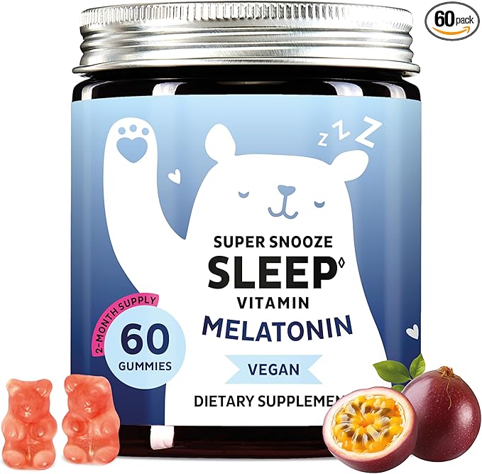 Vegan Melatonin 5mg Gummies, Sleep Gummies for Reduced time to Fall Asleep, with Vitamin B6 & Passion Fruit Extract - Super Snooze Sleep Vitamin (60 Gummies)