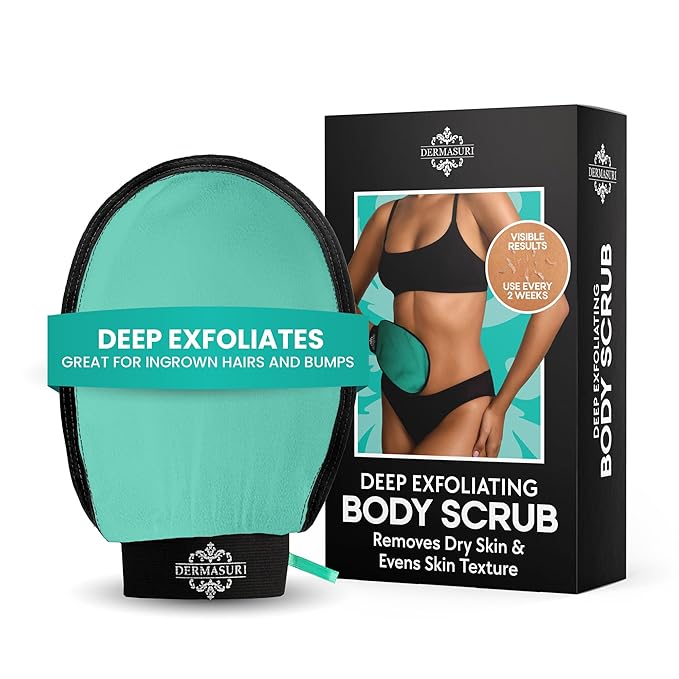 Dermasuri Deep Exfoliating Glove – Korean Exfoliating Body Scrubber for Shower, Buffs Dry & Dead Skin, Keratosis Pilaris Treatment, Body Scrub, Skin Exfoliator for Men & Women, Reusable Teal Mitt