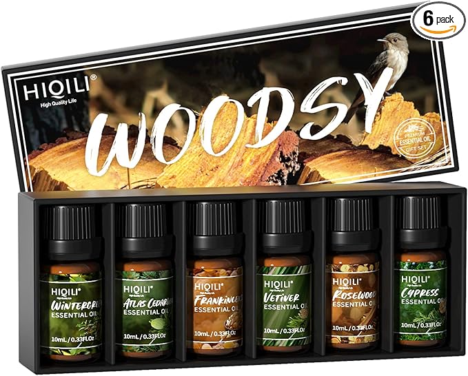 HIQILI Woodsy Fragrance Oil Set for Aromatherapy Diffuser, Ideal for DIY Candles & Perfume Making, Massage Oil - Cedarwood, Wintergreen, Frankincense, Vetiver, Rosewood, Cypress - 6x10ml