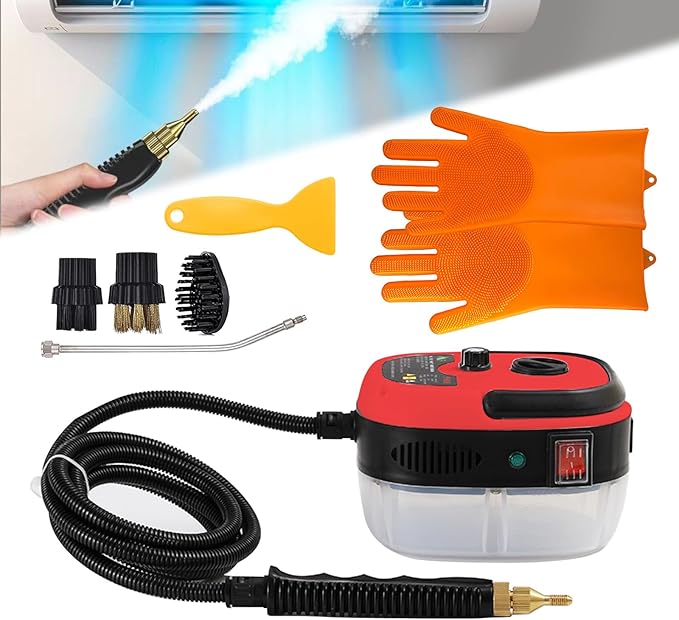 Steam Cleaner, 2500W High Pressure Steam Cleaner for Cleaning, 1.2L Portable Car Steamer with Brush Heads Gloves Scraper handheld Steam Cleaner for Home Use Kitchen Grease Car Detailing (110V, Red)
