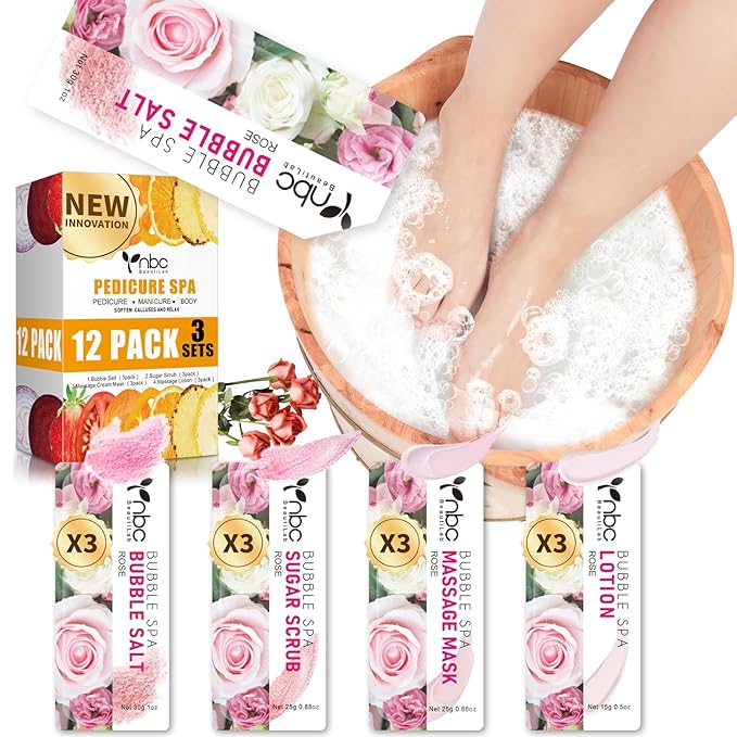 Pedicure Kit Foot Soak Set: Bubble Salt, Sugar Scrub, Massage Mask, Massage Lotion in a Box, 4 Step Foot Spa Kit for Dry Feet, Softens Calluses, Soothes Sore, Tired Feet(3 Set Rose)