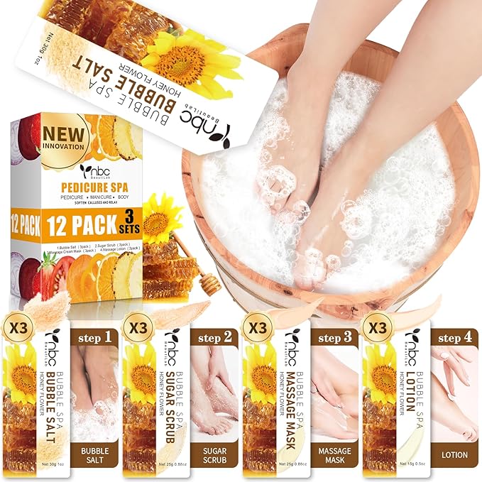 Pedicure Kit Foot Soak Set: Bubble Salt, Sugar Scrub, Massage Mask, Massage Lotion in a Box, 4 Step Foot Spa Kit for Dry Feet, Tired Feet(3 Set Honey flower)