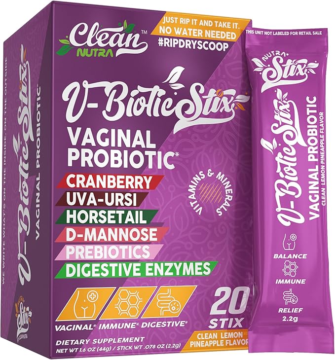 Clean Nutraceuticals Vaginal Probiotics for Women with Cranberry Extract, D-Mannose, Prebiotics, pH Balance for Women, Vaginal Health – Womens Probiotic Alternative to Gummies - 20 Stix