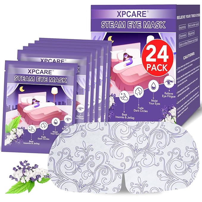 XPCARE 24 Pack Steam Eye Masks for Dry Eyes, Self Heated Steam Warm Eye Mask, Disposable Heated Eye Mask for Dark Circles, Puffy Eyes, Relief Stress Eye Fatigue(Lavender)
