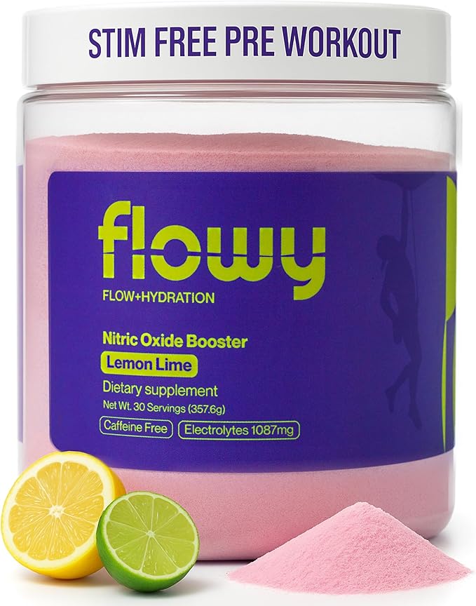 flowy Stim Free Pre Workout – Nitric Oxide Booster for Men & Women | All Natural, Hydration, Non Stimulant Pump, Caffeine-Free, Electrolytes, L-Citrulline, Lemon Lime, 30 Servings