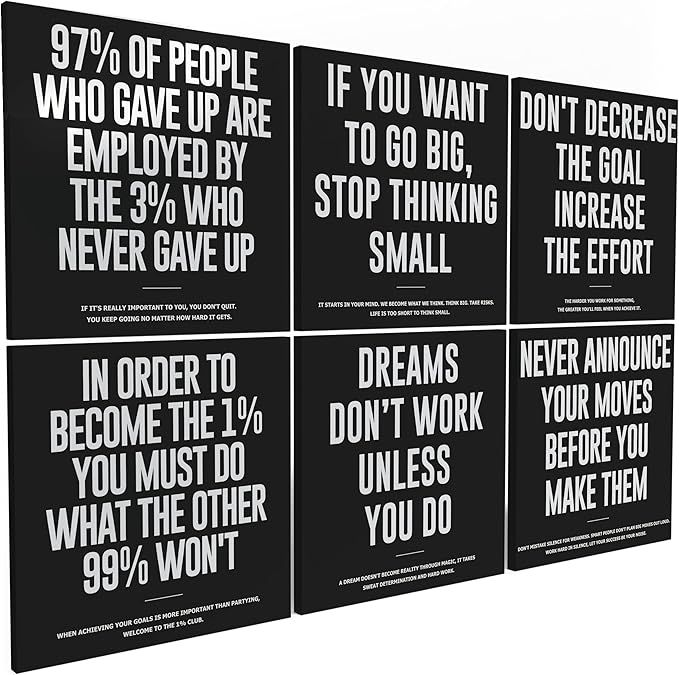 6X Motivational canvas, wall art for bedroom and office, inspirational black and white canvas poster, motivational poster set, decor bundle for home, wall pictures for living room (6x - 16 X 16 in)