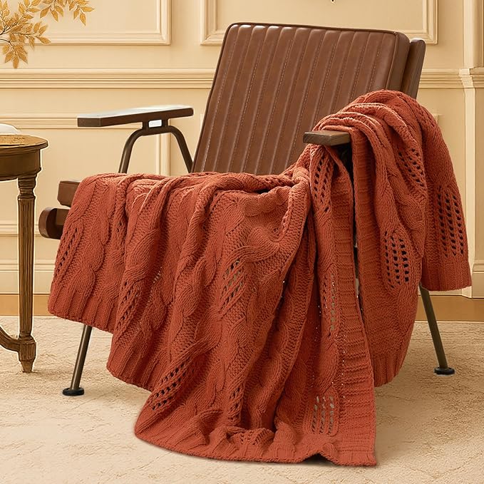 Amélie Home Chunky Knit Chenille Throw Blanket, Breathable Cable Knitted Blanket for Couch, Farmhouse Decorative Throw for Sofa Chair Bed, 60"x80", Burnt Orange