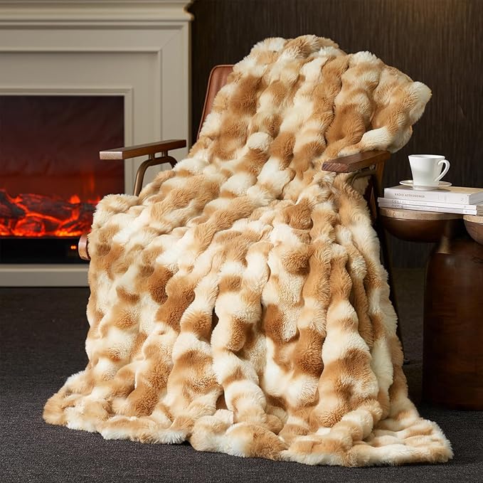 Amélie Home Faux Fur Throw Blanket for Couch, Fuzzy Soft Plush Thick Bubble Blanket for Sofa Bedroom Living Room, 50"x60" Inches, Tie-dye Kahki