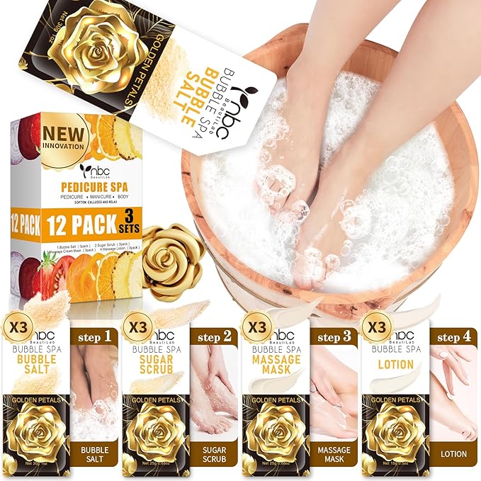 Pedicure Kit Foot Soak Set: Bubble Salt, Sugar Scrub, Massage Mask, Massage Lotion in a Box, 4 Step Foot Spa Kit for Dry Feet,Tired Feet(3 Set Golden petals)