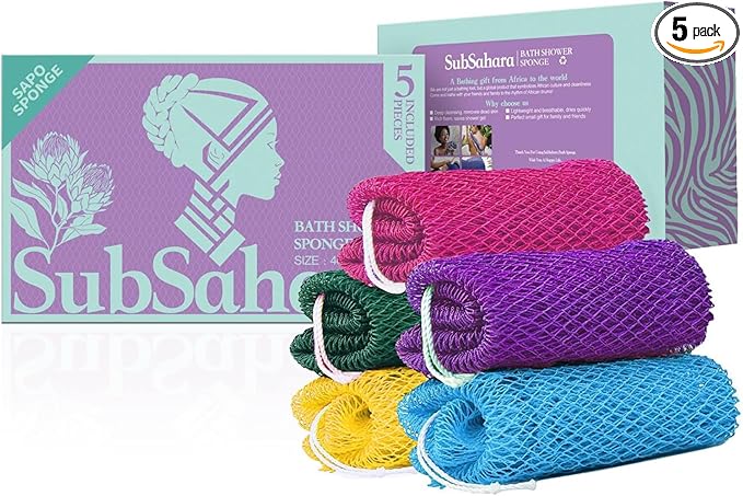 SubSahara African Net Sponge Authentic - 5 Pieces Gentle Exfoliating Scrubber for All Skin Types, Bath Sponge for Face & Body, Travel Portable