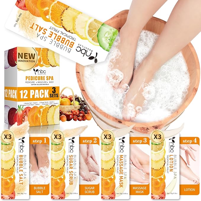 Pedicure Kit Foot Soak Set: Bubble Salt, Sugar Scrub, Massage Mask, Massage Lotion in a Box, 4 Step Foot Spa Kit for Dry Feet,Tired Feet(3 Set Tropical Fruit)