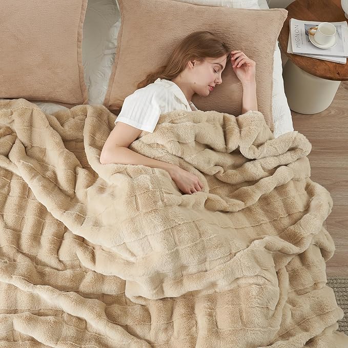 Cozy Bliss Fluffy Faux Fur Throw Blanket for Couch,Lightweight Cozy Soft Beige Throw Blankets for Sofa Bed Living Room,60x80 Inches