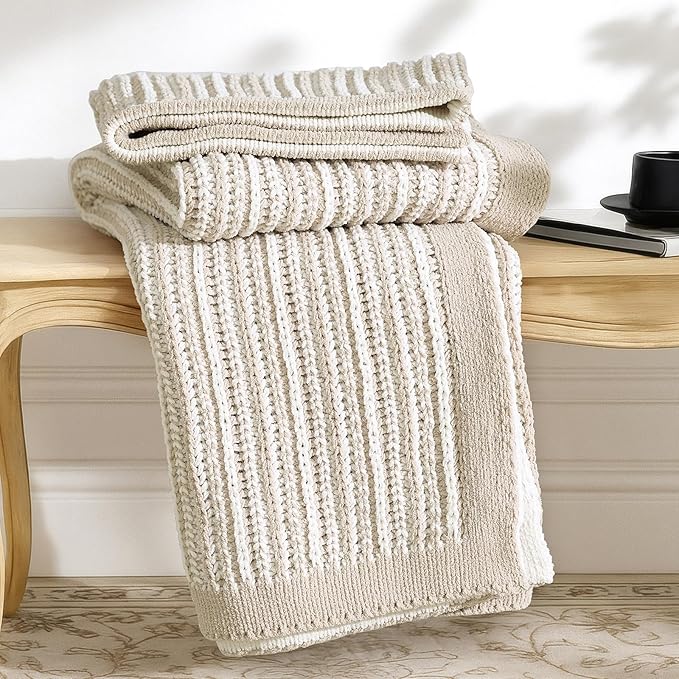 Amélie Home Chenille Striped Knit Throw Blanket for Couch Twin, Reversible Soft Cozy Knit Blanket Lightweight Warm Decorative Throw for Sofa, Bed, Living Room, 50"x60", Khaki & White