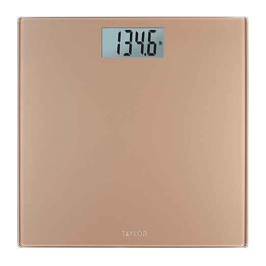 Taylor Digital Scales for Body Weight, Highly Accurate 400 LB Capacity, Durable Glass Platform 11.8 x 11.8 Inches, Easy to Read 3.2 Inches x 1.5 Inches Display, Champagne