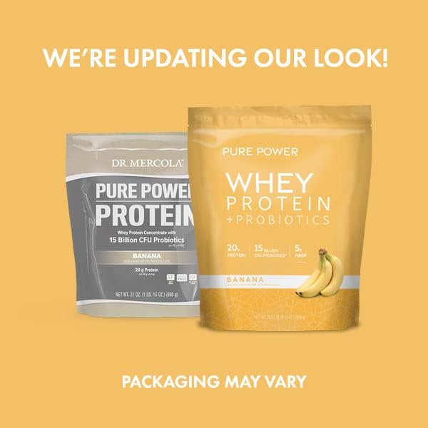 Dr. Mercola Pure Power Whey Protein + Probiotics - Supports Muscle Recovery & Digestive Health - Pasture-Raised Whey - MCTs & Fiber - Vanilla - 31 oz (22 Servings) - Banana
