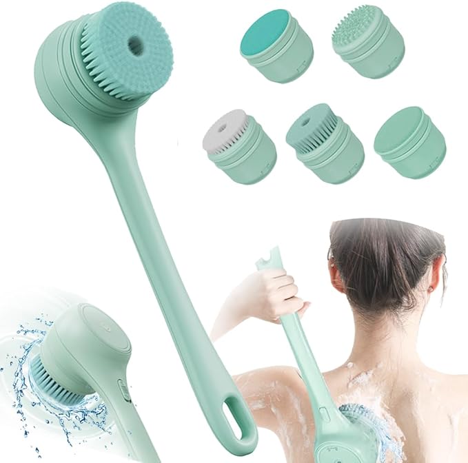 Electric Body Brush Back Scrubber for Shower, Ipx7 Waterproof Back Scrubber for Shower, Auto Spinning Exfoliating Massage Bath Brush RechargeableRotating Body Brushes with 5 Brush Heads