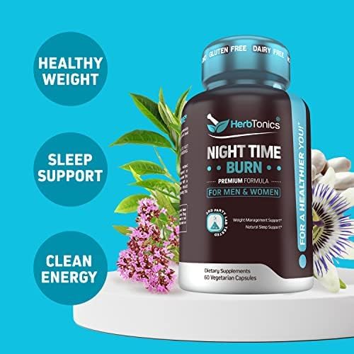 Herbtonics Night Time Burn & Sleep Complex Supports Overnight Metabolism, Stress Relief & Deep Sleep. Includes Melatonin, Valerian and Green Tea – Vegan Bedtime Weight Management (120 Capsules)