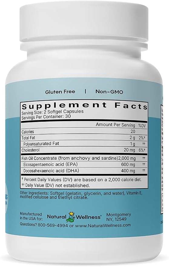 Natural Wellness Super Omega-3 Fish Oil – 600 mg EPA & 400 mg DHA for Heart, Brain, and Joint Health – 60 Enteric-Coated Softgels