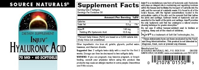 Source Naturals Hyaluronic Acid Injuv 70mg - 60 Softgels