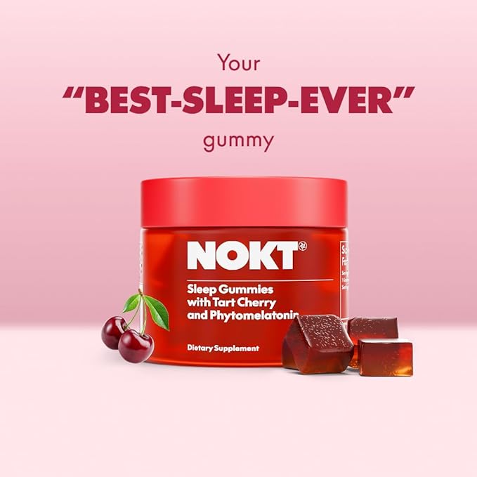 NOKT Sleep Gummies - Tart Cherry & Vegan Melatonin, Sugar-Free, Gluten-Free, Nutritional Supplement, 30 Gummies, Tart Cherry Flavor, Gummy Form, Deep Restorative Sleep Support