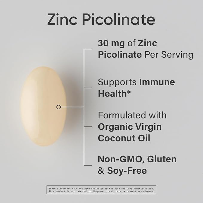 Sports Research® Zinc Picolinate 30mg with Organic Coconut Oil - Zinc Supplement for Healthy Immune & Enzyme Function - Non-GMO Tested & Gluten-Free - 180 Liquid Softgels