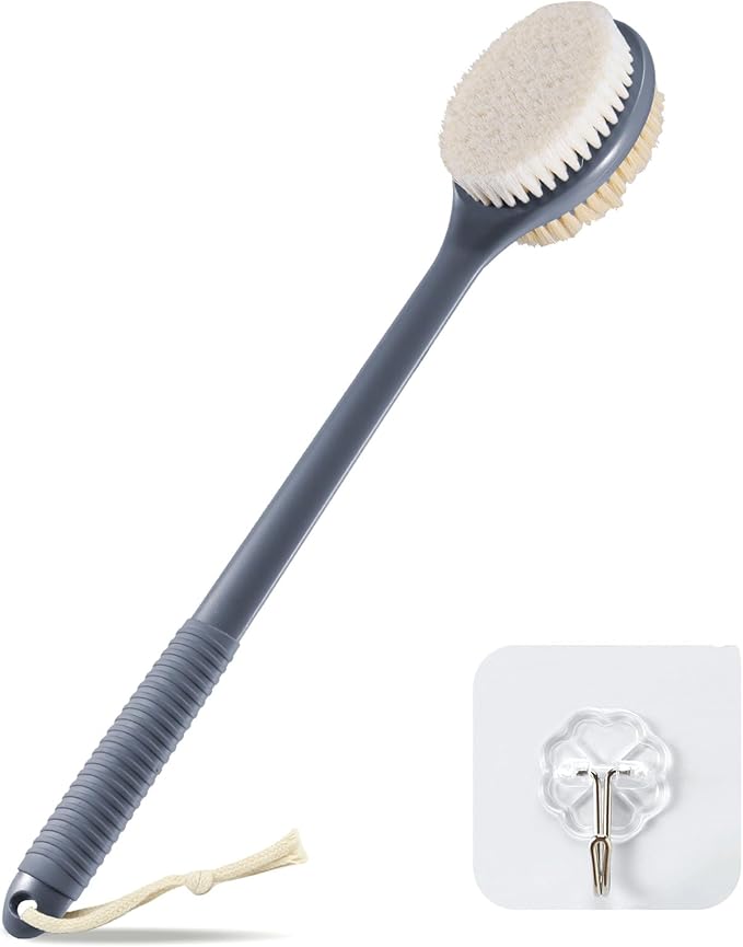 VANZAVANZU 17 Inch Back Scrubber for Shower, Anti-Slip Long Handle Shower Brush with Soft and Stiff Bristles, Exfoliating Bath Brush for Wet or Dry Brushing (Gray)