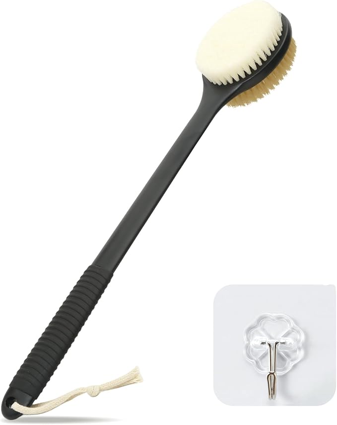 17 Inch Anti-Slip Long Handle Back Scrubber for Shower, Dual-Sided Shower Brush with Soft and Stiff Bristles, Shower Back Scrubber for Wet or Dry Brushing (Black)
