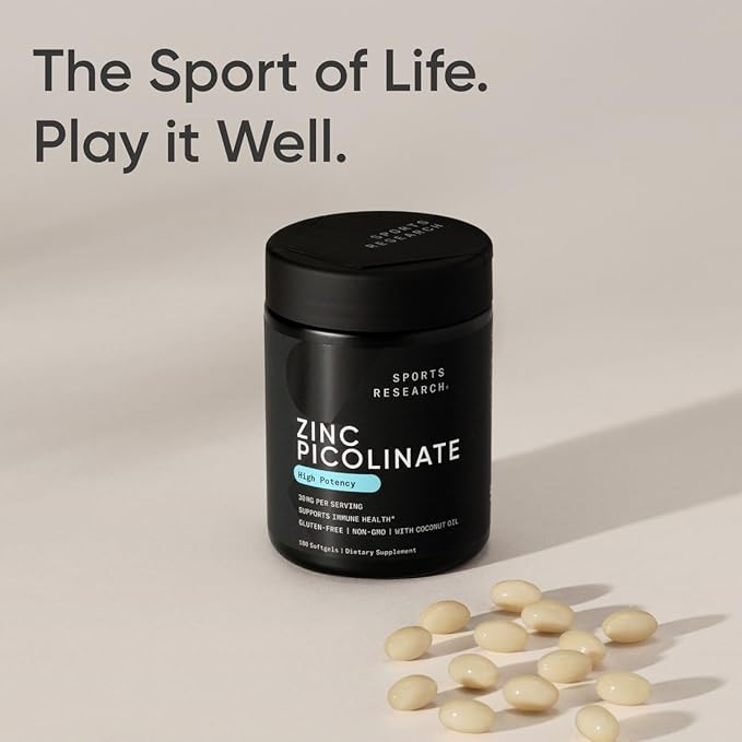 Sports Research® Zinc Picolinate 30mg with Organic Coconut Oil - Zinc Supplement for Healthy Immune & Enzyme Function - Non-GMO Tested & Gluten-Free - 180 Liquid Softgels