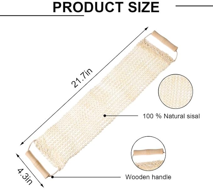 2 Pcs Exfoliating Back Scrubber with Wooden Handles, 20 Inch Long Sisal Exfoliating Bath Towel