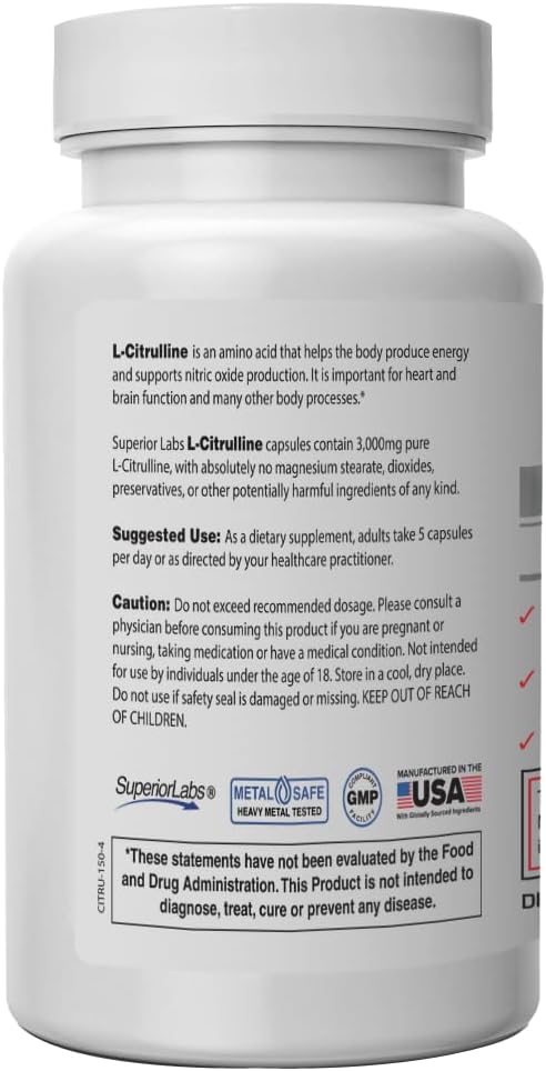 Superior Labs L-Citrulline 3000 mg, Non-GMO, High-Potency Free-Form Amino Acid, Nitric Oxide & Vasodilation Booster, Pre-Workout Muscle Pump, Endurance, Cardiovascular Support, 150 Veg Caps